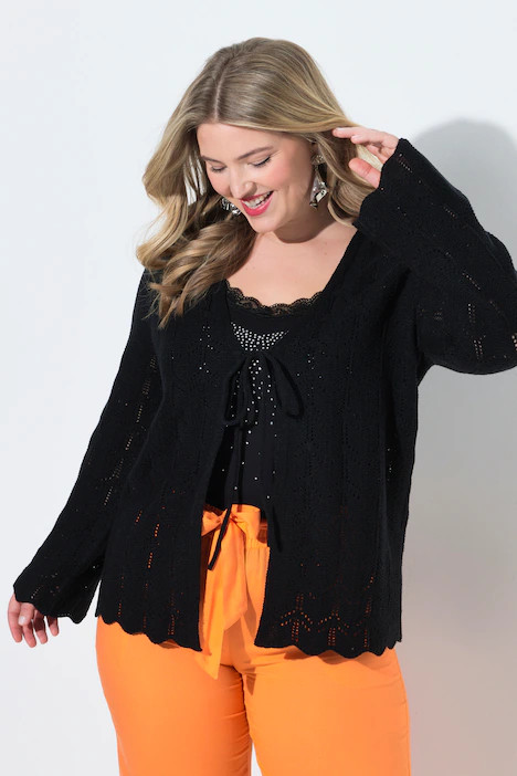 Openwork Knit Ribbon-Tie Cardigan | Ulla Popken - US
