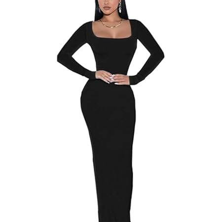 QINSEN Women's Long Maxi Dress Square Neck Long Sleeve Ribbed Bodycon Lounge Dresses | Amazon (US)