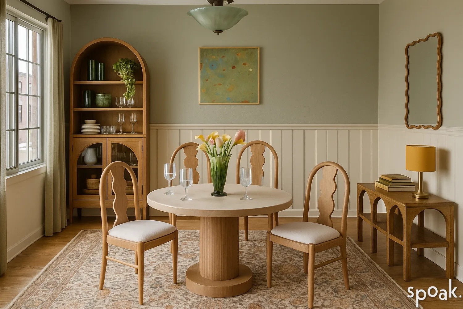 Gorgeous dining room rendering, Lulu & Georgia dining chairs, vintage style rug, console table and dining cabinet, abstract wall art. Sheer green curtains and green flush mount light. #diningroomdesign #homedecor

#LTKHome #LTKSeasonal #LTKFamily