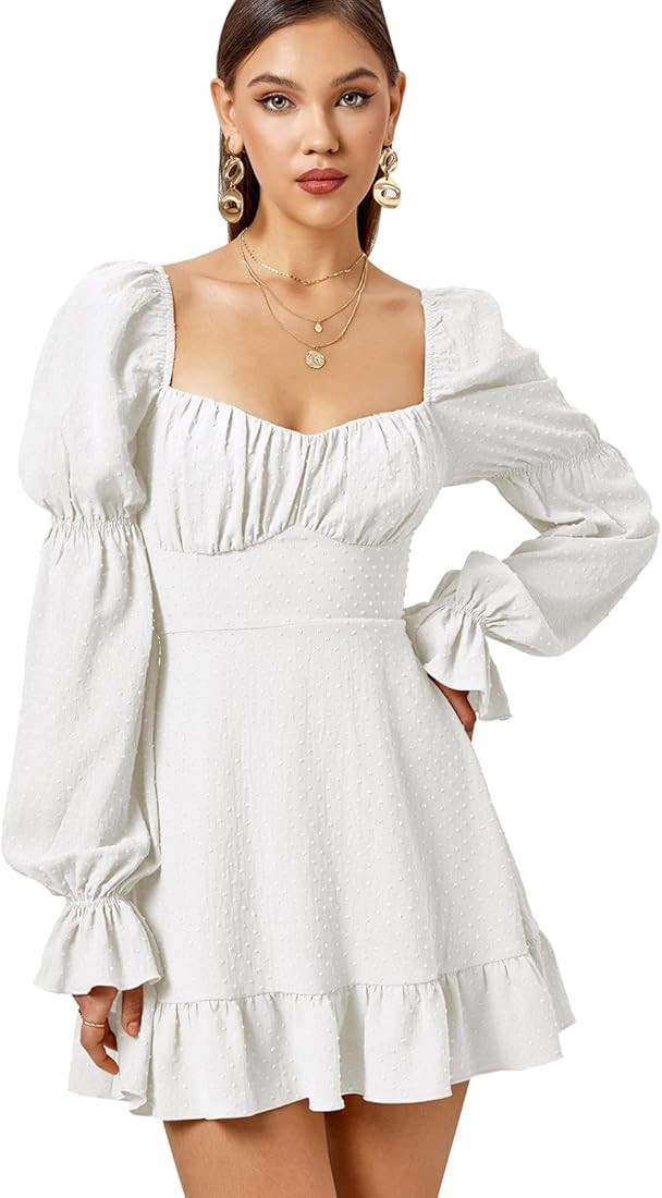 GLNEGE Women's Casual Long Sleeve Ruffle Dress V Neck Swiss Dots Flowy A Line Party Mini Dresses | Amazon (US)