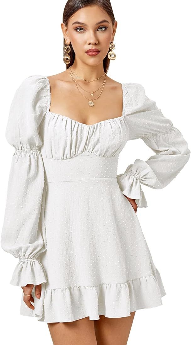 GLNEGE Women's Casual Long Sleeve Ruffle Dress V Neck Swiss Dots Flowy A Line Party Mini Dresses | Amazon (US)