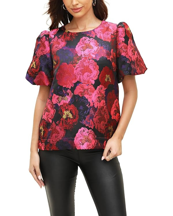 Kedera Women's Floral Jacquard Shirt Crewneck Puff Sleeve Blouse Elegant Work Shift Tops | Amazon (US)