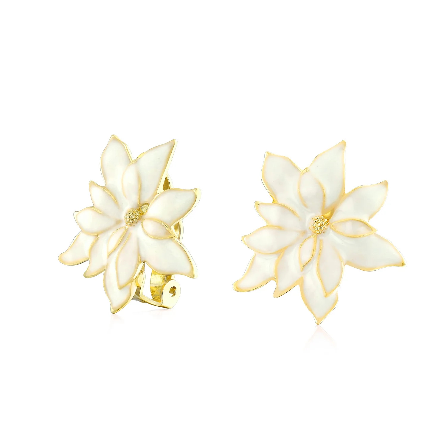 Bling Jewelry Big Christmas Party White Enamel Flower Poinsettia Clip On Earrings Gold Plated - W... | Walmart (US)