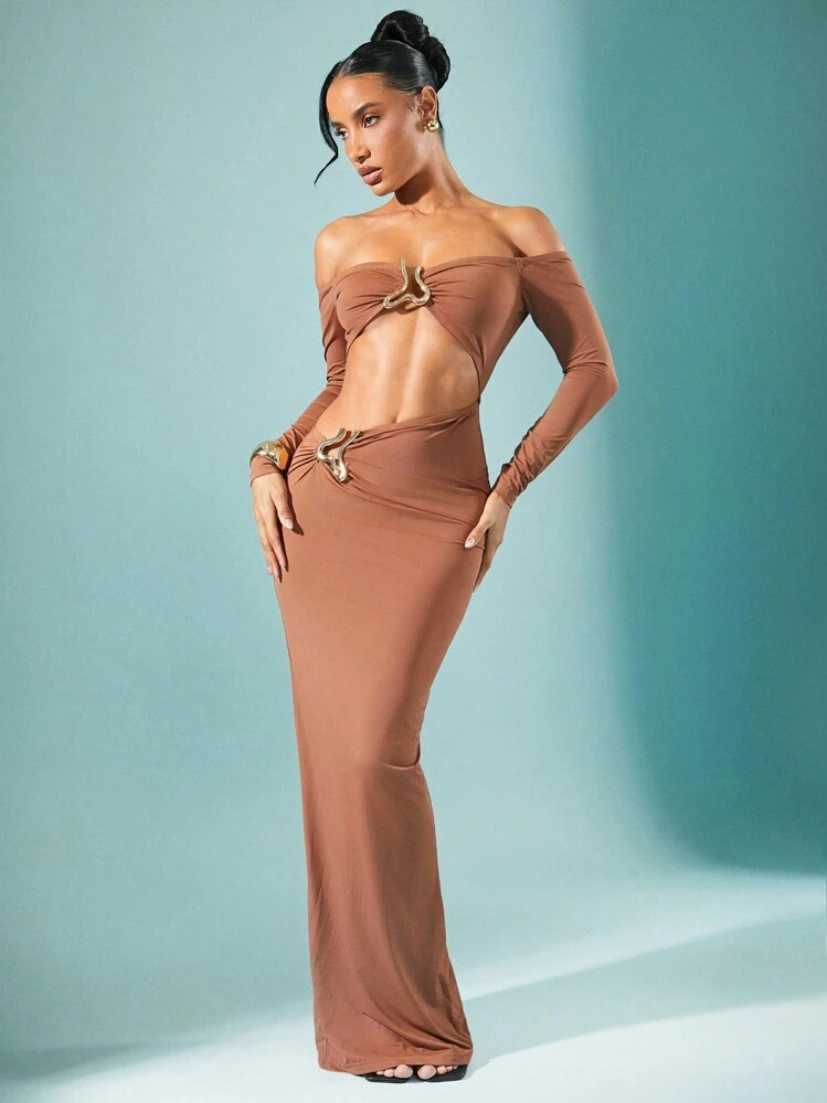 Hauture Women's Off-Shoulder Long Sleeve Hollow Ruched Bodycon Dress, Sexy | SHEIN