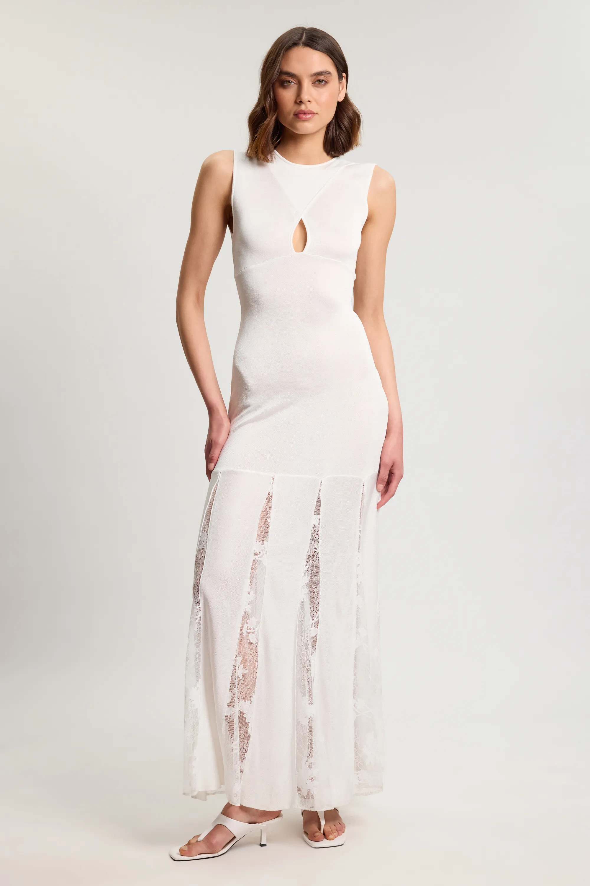 Ivory Viscose Blend Slinky Sheer Lace Detail Knit Maxi Dress | Karen Millen USA | Karen Millen
