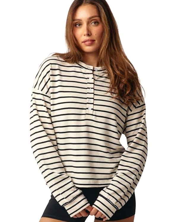 Almere Oversized Cotton Henley Longsleeve Tee, Striped Button Down, Boyfriend Fit | Amazon (US)
