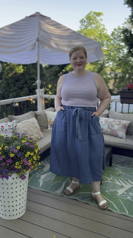 OUTFIT DETAILS:

Striped tank and sandals c/o @lanebryant 
Chambray skirt c/o @ullapopkenusa 
25% OFF at #UllaPopken with my code 2024LIZ25
Perfectly Red Lipstick c/o @howtobearedhead 

Memorial Day outfit, 4th of July outfit, Fourth of July outfit, summer outfit, plus size, wide sandals 



#LTKPlusSize #LTKSeasonal #LTKMidsize