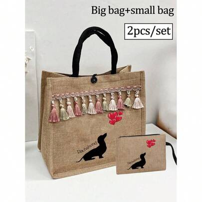Linen Dachshund Dog Letter Tassel Handbag,Dachshund Dog Decor Shoulder Bag And A Matching Small Bag,Dachshund Dog Print Linen Tote Bag,Book Tote Bag,C | SHEIN