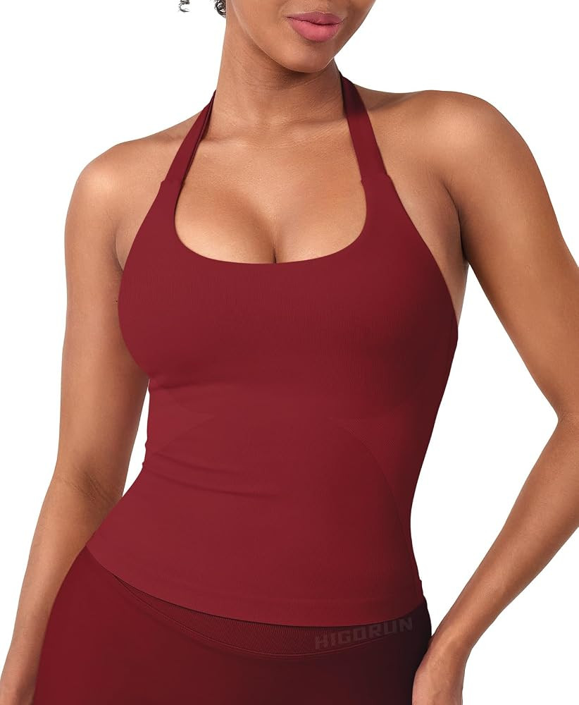 HIGORUN Women Halter Impact Tank Tops with Built in Bras Longline Crop Top | Amazon (US)