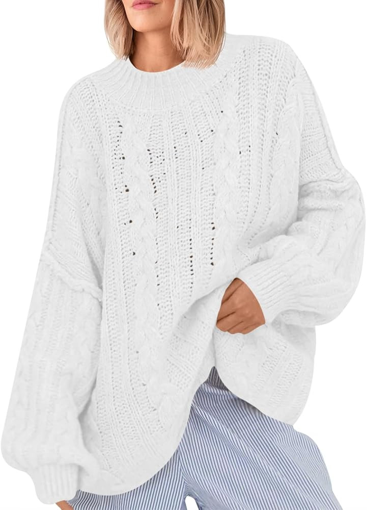 Saodimallsu Womens Oversized Sweaters Chunky Cable Knit Crew Neck Casual Long Lantern Sleeve Fall... | Amazon (US)