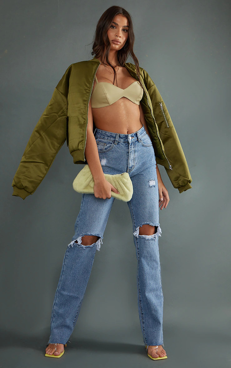 PRETTYLITTLETHING Tall Mid Blue Wash Ripped Long Leg Mid Rise Straight Jeans | PrettyLittleThing US