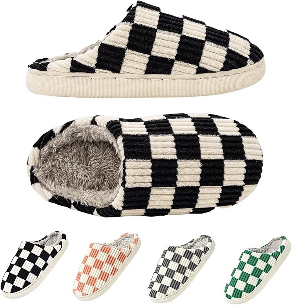 House Slippers for Women Men, Mukinrch Plush House Shoes Memory Foam Checkered Slippers Womens Ca... | Amazon (US)