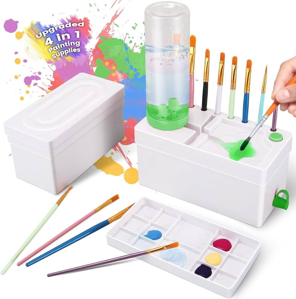Paint Brush Cleaner, Upgraded 4-in-1 Painting Supplies, Paint Brush Holder with Palette, Brush Ri... | Amazon (US)