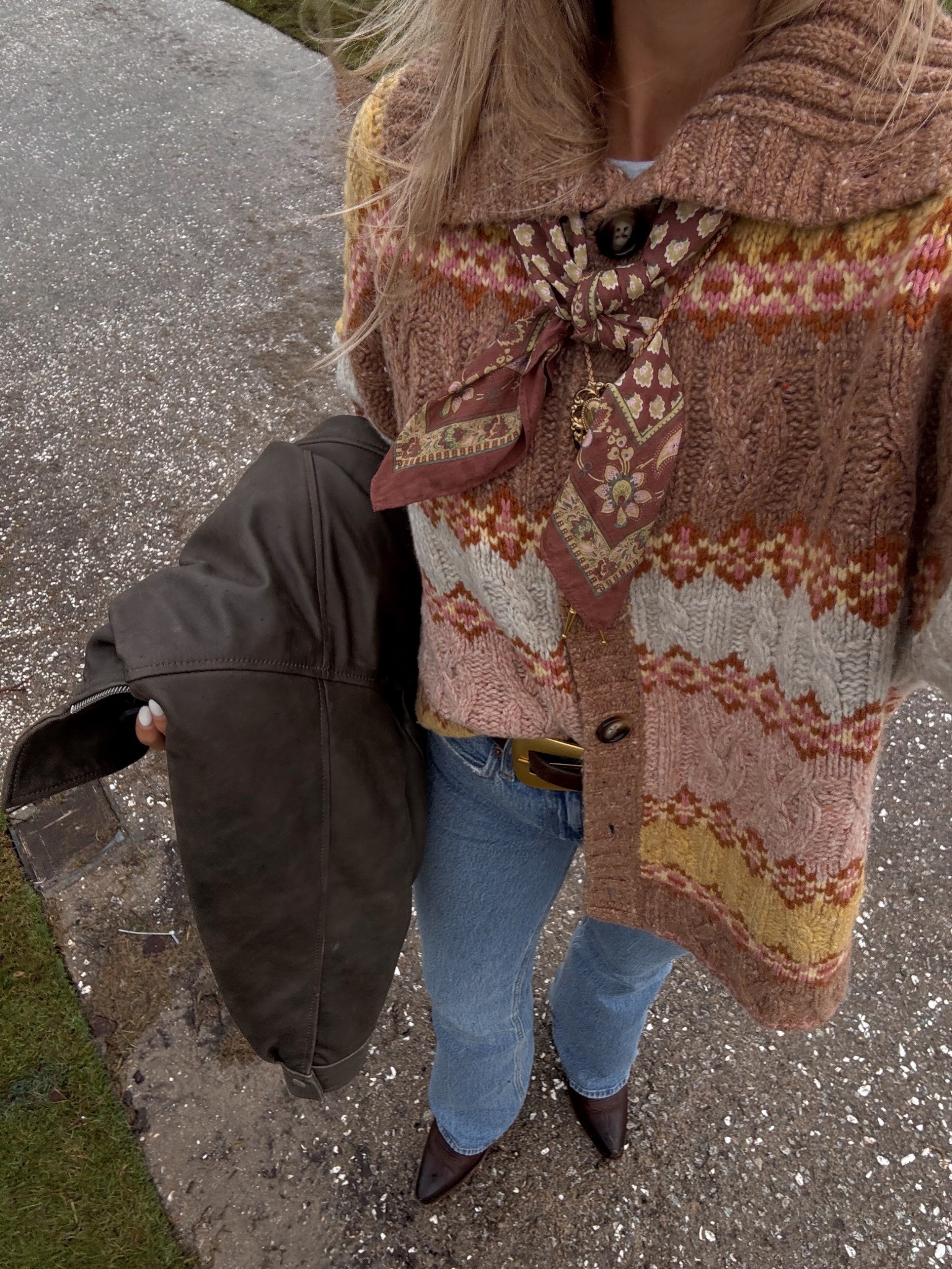 size medium in sweater! size 26 extra long in jeans, size down half size in boots. leather jacket in a small (it’s oversized!)  bolo tie is november maker 

#LTKSaleAlert #LTKTall #LTKStyleTip