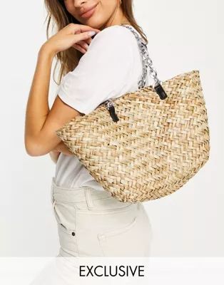 Glamorous Exclusive handheld tote bag in straw with chain handles | ASOS (Global)