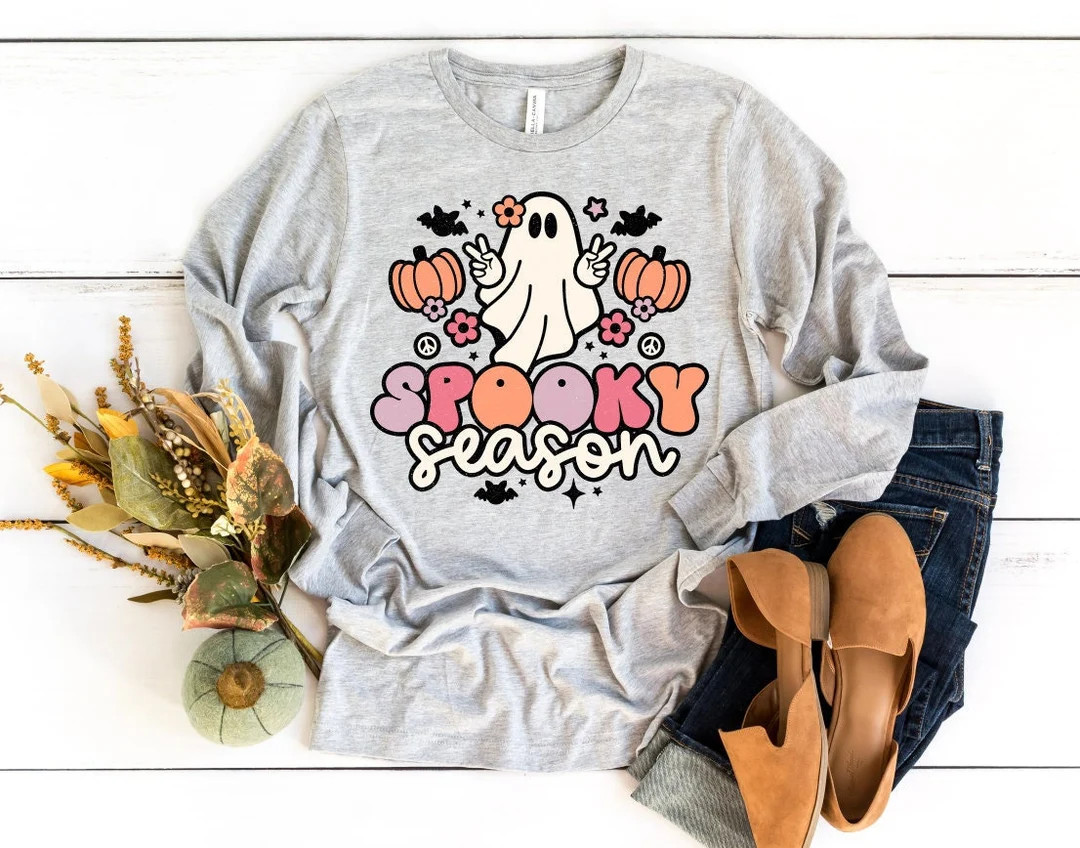 Spooky Season Long Sleeve Tee - Halloween Long Sleeve Shirt With Cute Ghost - Teacher Halloween T... | Etsy (US)