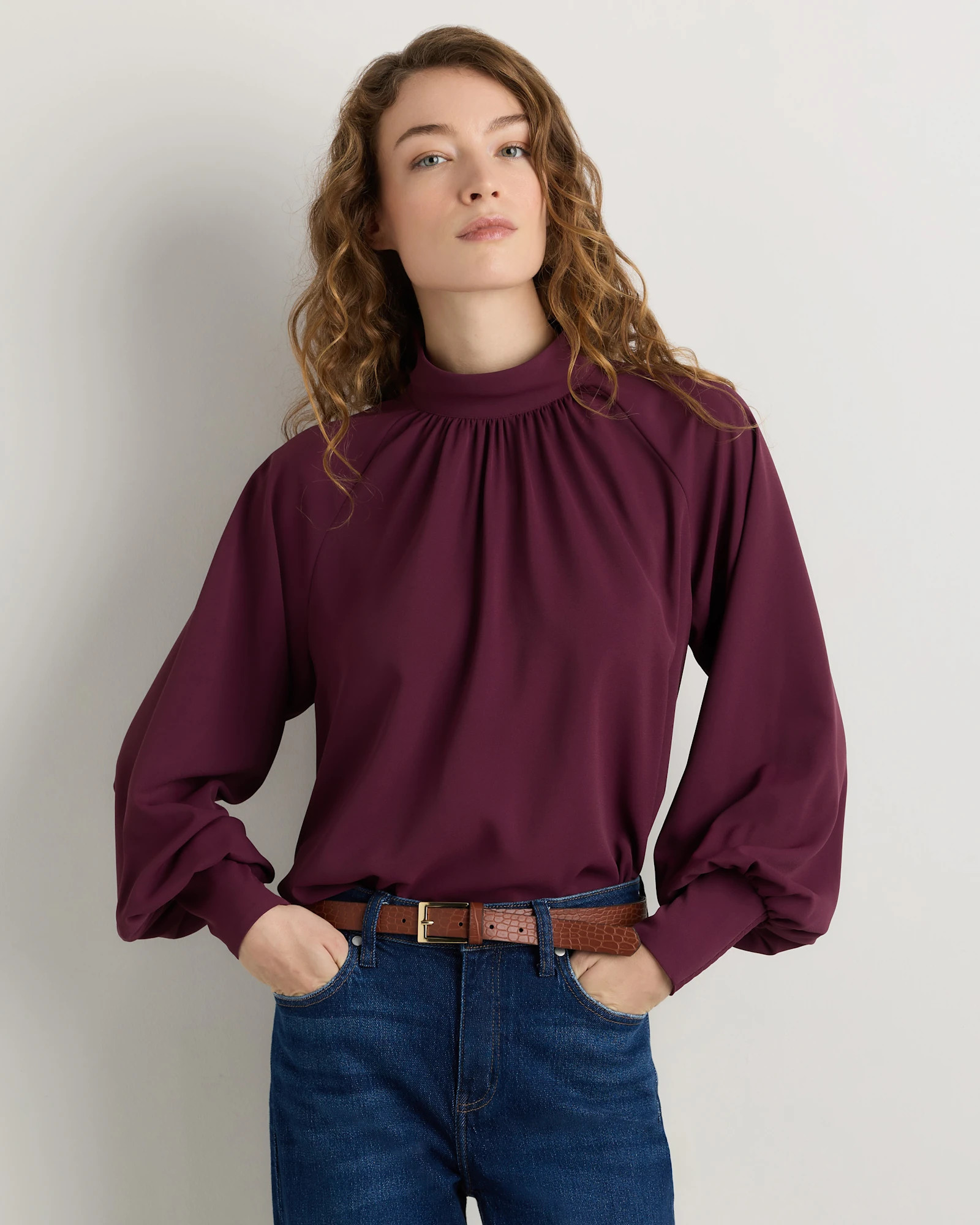 Drapey Chiffon Mock Neck Long Sleeve Blouse | Quince