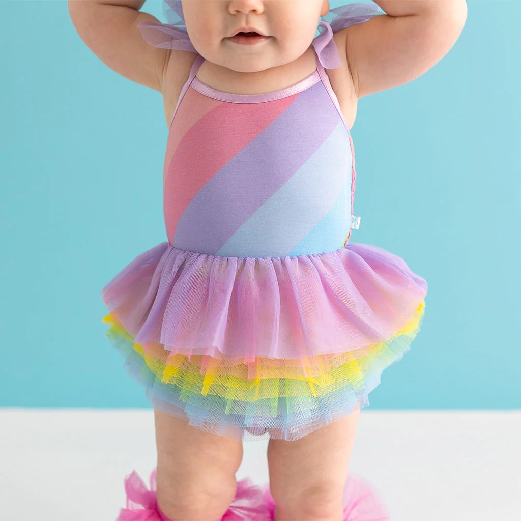 Rainbow Multi Spaghetti Strap Baby Tulle Bodysuit | Rainbow Stripe | Posh Peanut