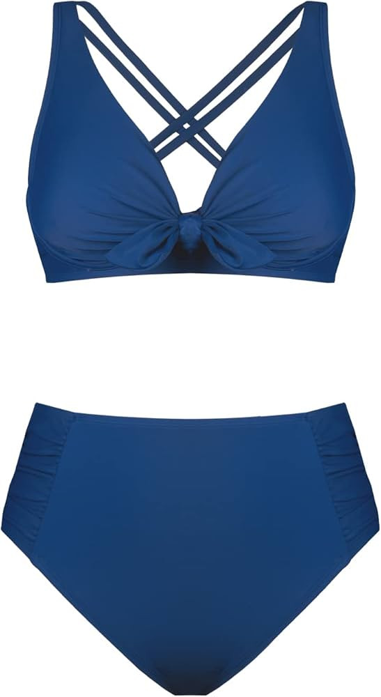 CUPSHE Women Swimsuit Plus Size Bikini Set High Waisted Knotted Front Crisscross Self Tie Back Ru... | Amazon (US)