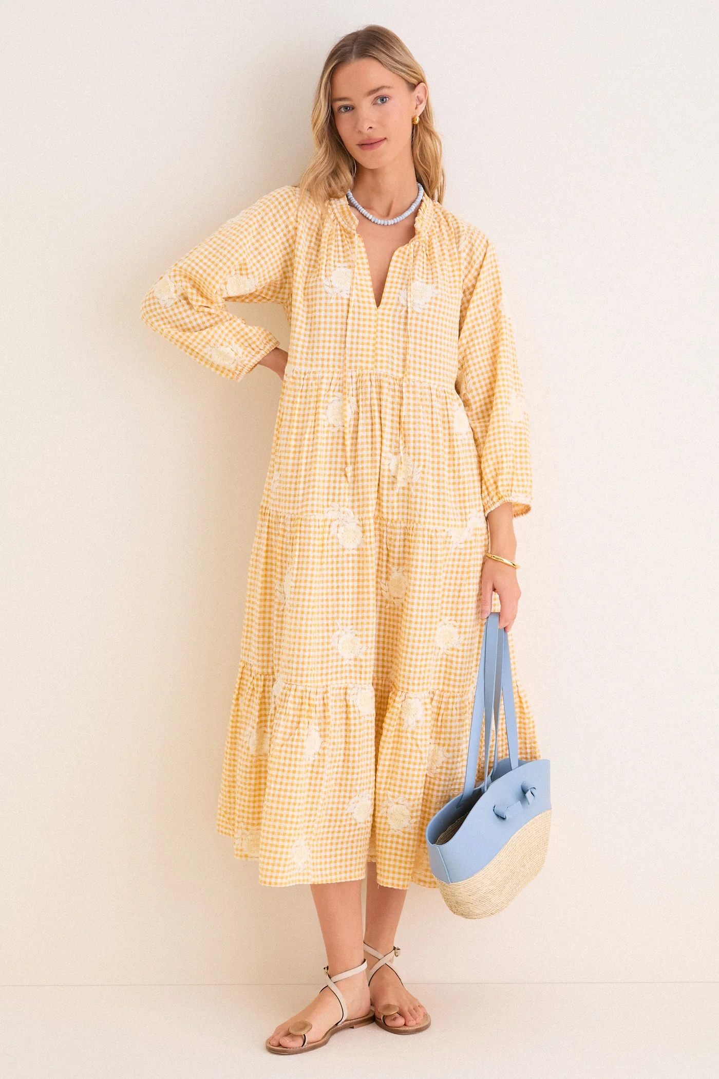 Navy Prism Embroidered Gingham Long Sleeve Salty Paloma Caftan | Tuckernuck (US)