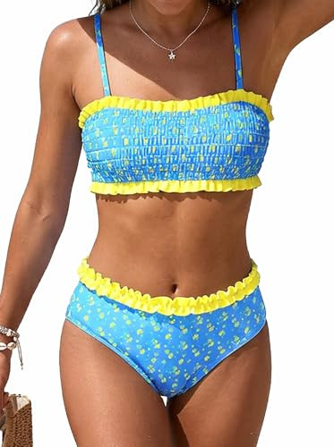 Amazon.com: ROSEWE Cute Bikini Sets for Women, Frill Design Ditsy Floral Swimsuits, Smocked Bande... | Amazon (US)