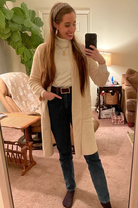 Casual winter outfit! Everything TTS! I’m in size small sweaters and size 2 jeans  
. 
Amazon finds cream cardigan straight jeans brown booties 

#LTKstyletip #LTKsalealert #LTKSeasonal