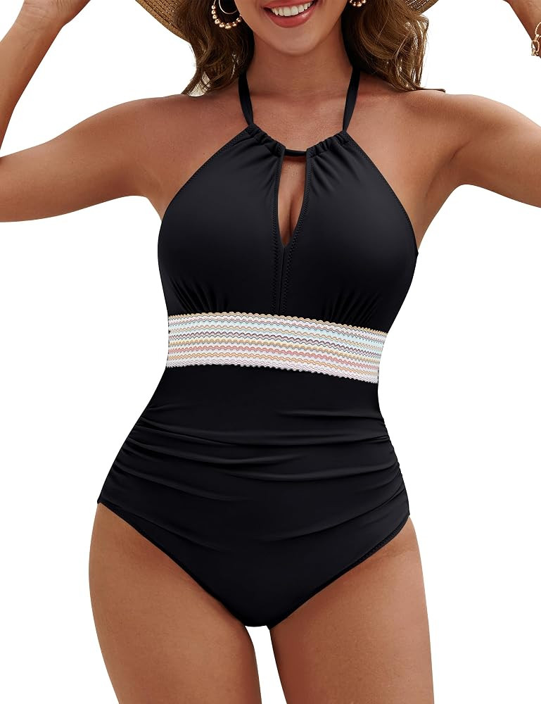 Blooming Jelly Womens One Piece Swimsuit Full Coverage Tummy Control Bathing Suits Color Block Ha... | Amazon (US)