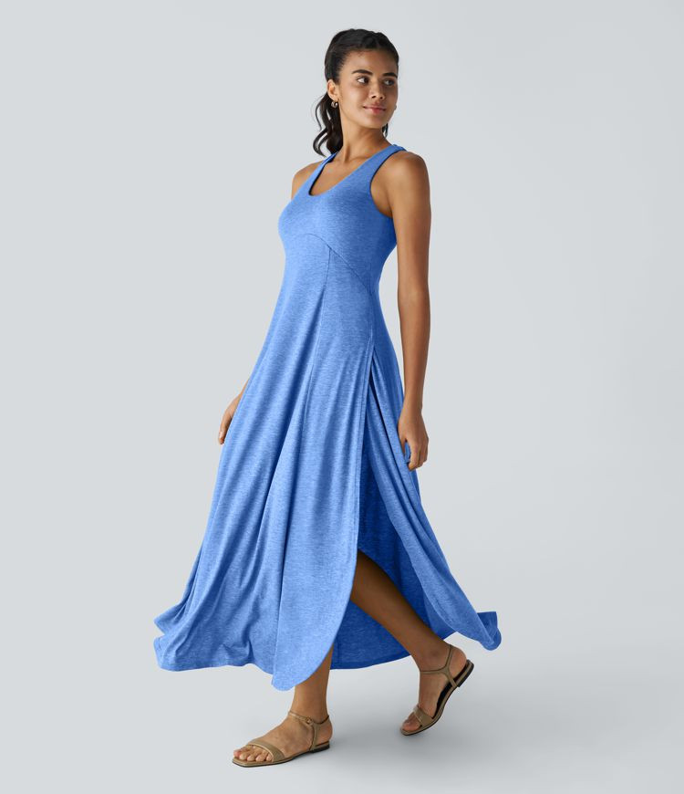 Damen Rückenfreies, fließendes Maxi-Tankkleid mit U-Ausschnitt und Schlitz - Halara | Halara - DE
