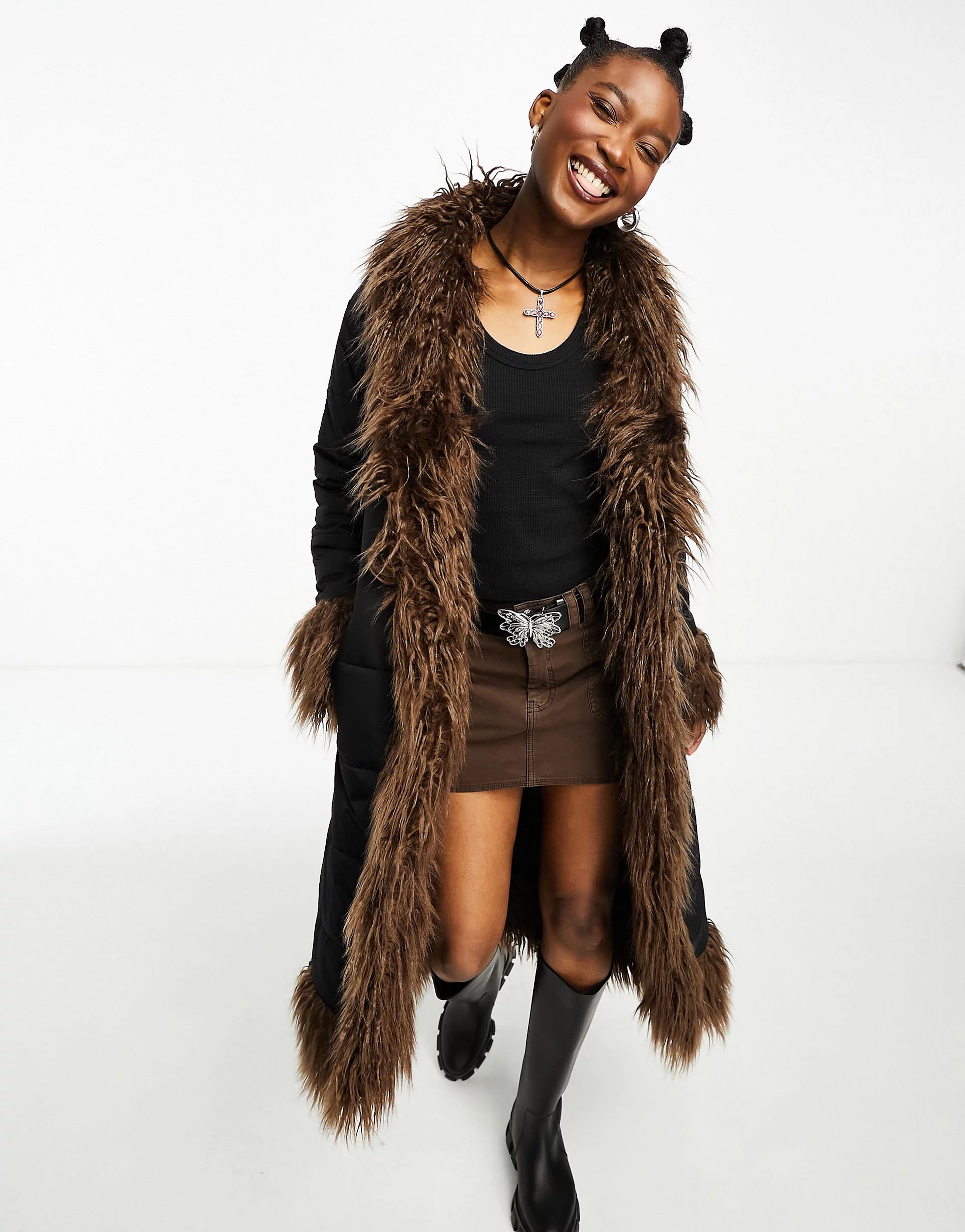 Native Youth longline cocoon puffer coat in black with brown faux fur trim | ASOS | ASOS (Global)