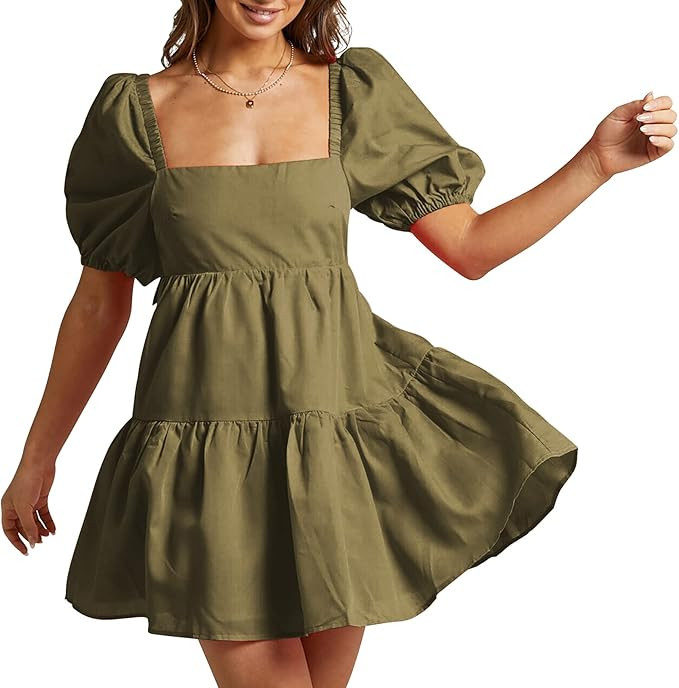 Amazon.com: Shy Velvet Women's Casual Party Mini Dress Square Neck Short Bubble Sleeve A-line Loo... | Amazon (US)