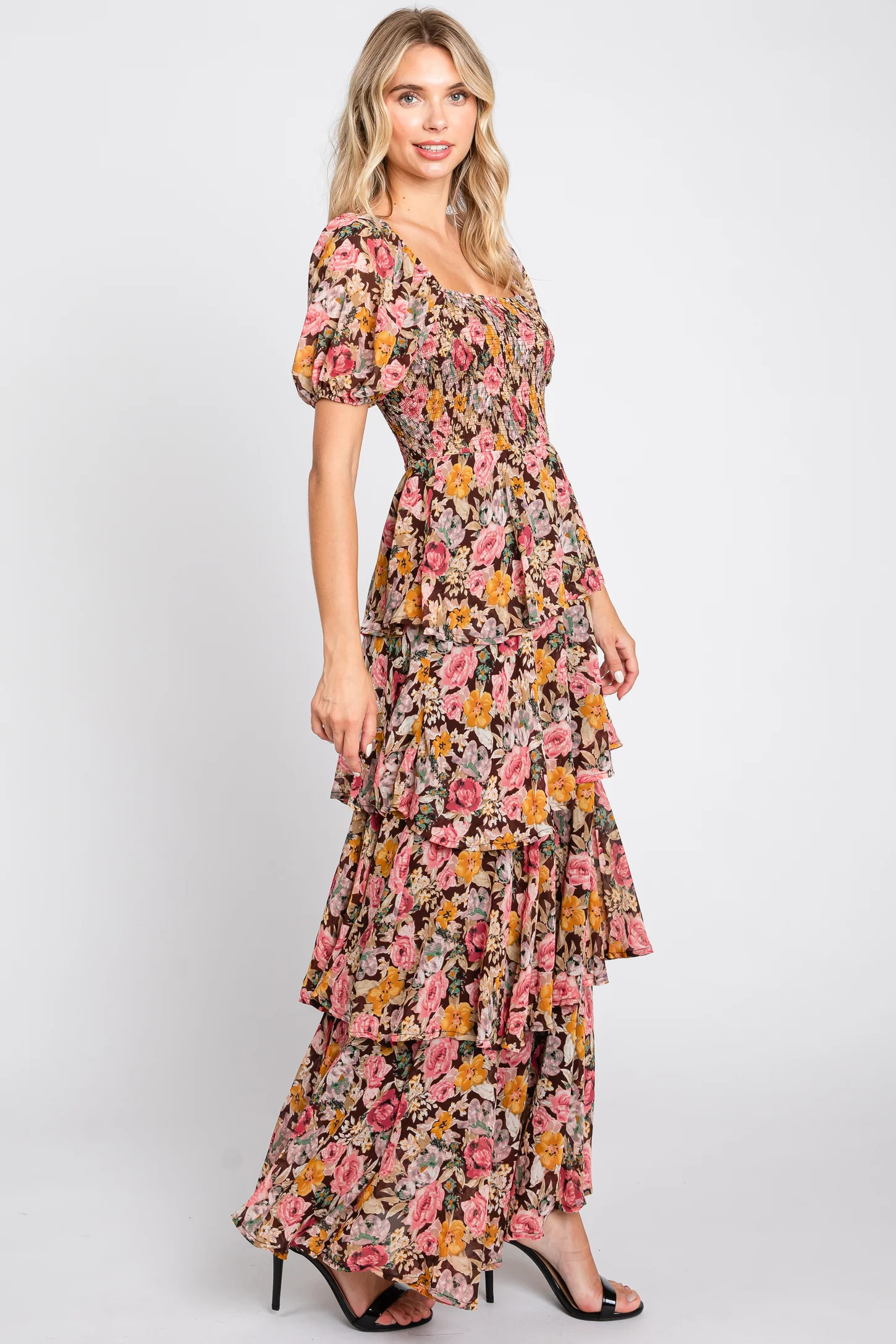 Brown Floral Smocked Square Neck Ruffle Layered Maxi Dress | PinkBlush Maternity