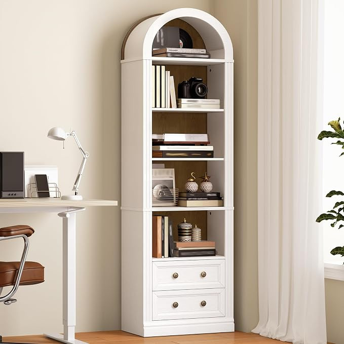 Tall Narrow Bookshelf, Arched Bookshelf with 2 Drawers, 7-Tier Farmhouse Arch Bookcase, Wooden Bo... | Amazon (US)
