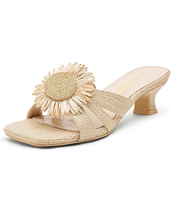 Vepose Women's Raffia Floral Heels Square Open Toe Beach Sandals | Square open toe,2 Inch low kit... | Amazon (US)