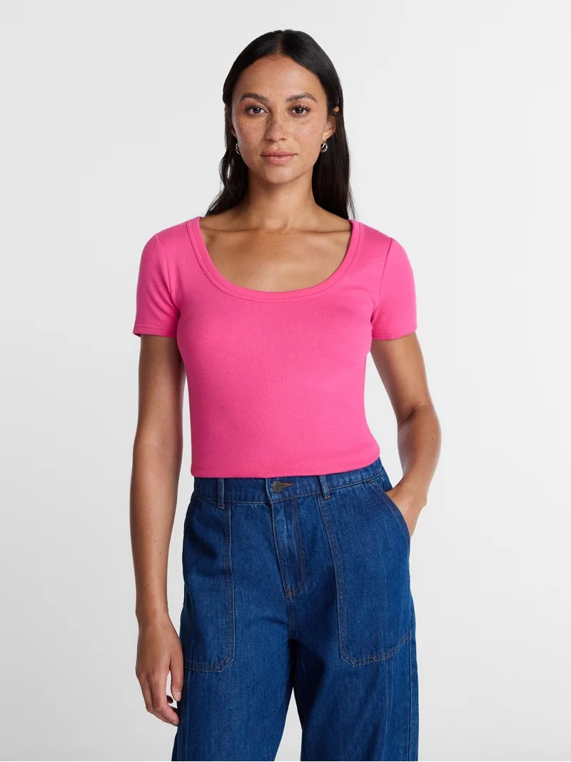 Time and Tru Women's Ribbed Scoop Neck Tee with Short Sleeves, Sizes XS-XXXL | Walmart (US)