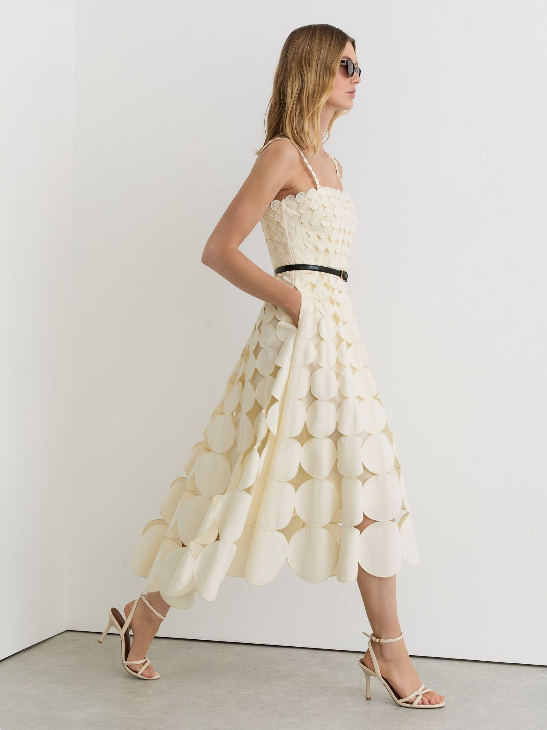 Petite Cotton Cut-Out Belted Midi Dress in Cream | Reiss US