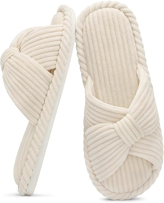Evshine Summer House Slippers for Women Corduroy Cross Bow Indoor Slippers Open Toe Slip On Bedro... | Amazon (US)