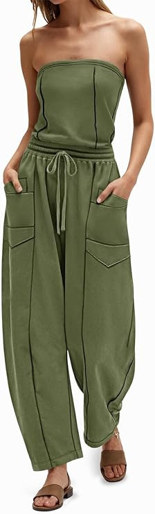 Cicy Bell Womens Summer Strapless Jumpsuits Casual Off the Shoulder Loose Romper Drawstring Barre... | Amazon (US)