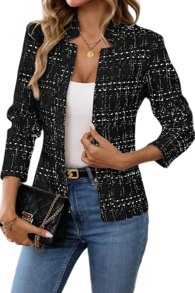 ELLEVEN Womens' Tweed Open Front Blazer Long Sleeve Jacket Notch Collar Fully Lined Casual Busine... | Amazon (US)
