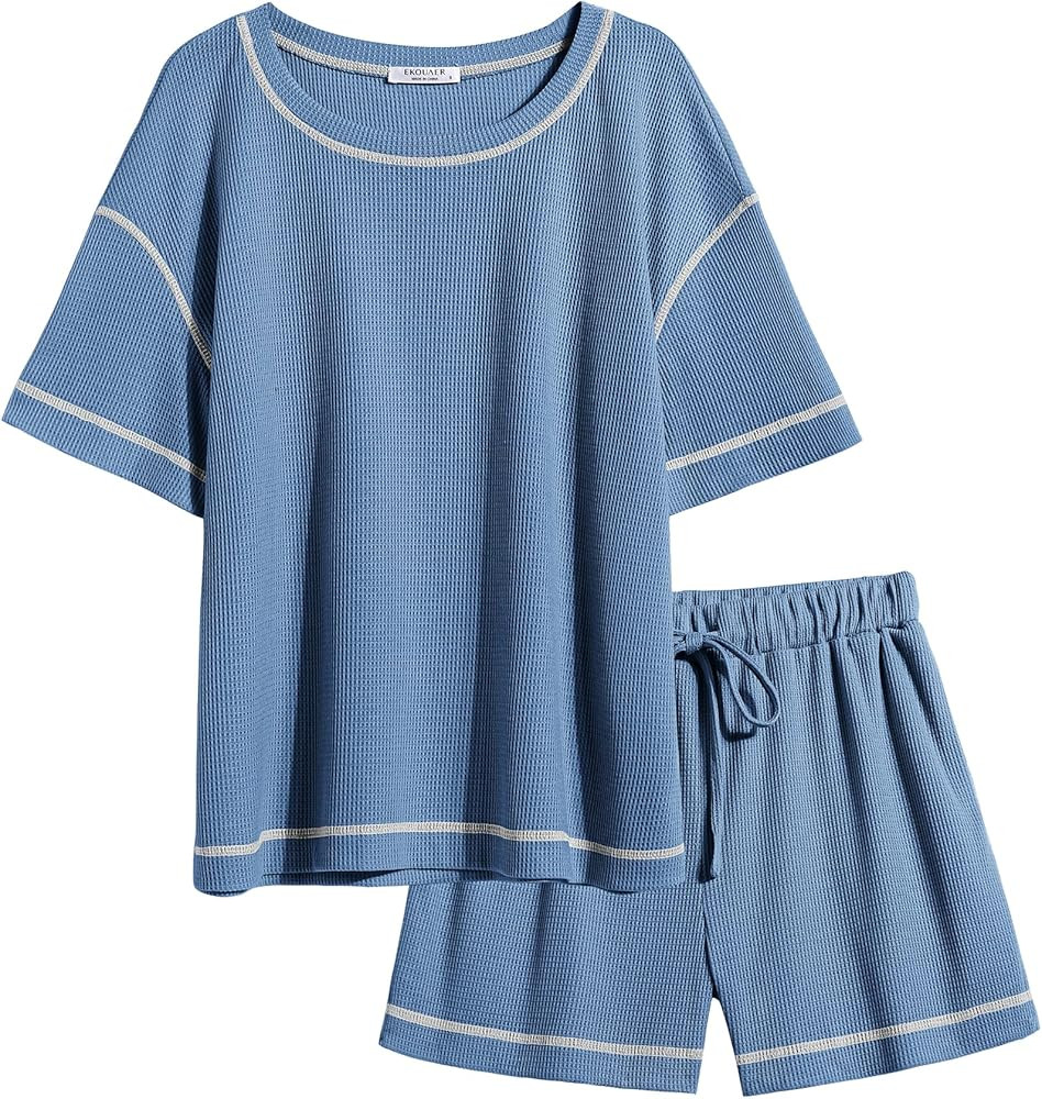 Ekouaer Women Pajama Sets Waffle Knit Lounge Set 2 Piece Outfits Loungewear Matching Set With Poc... | Amazon (US)