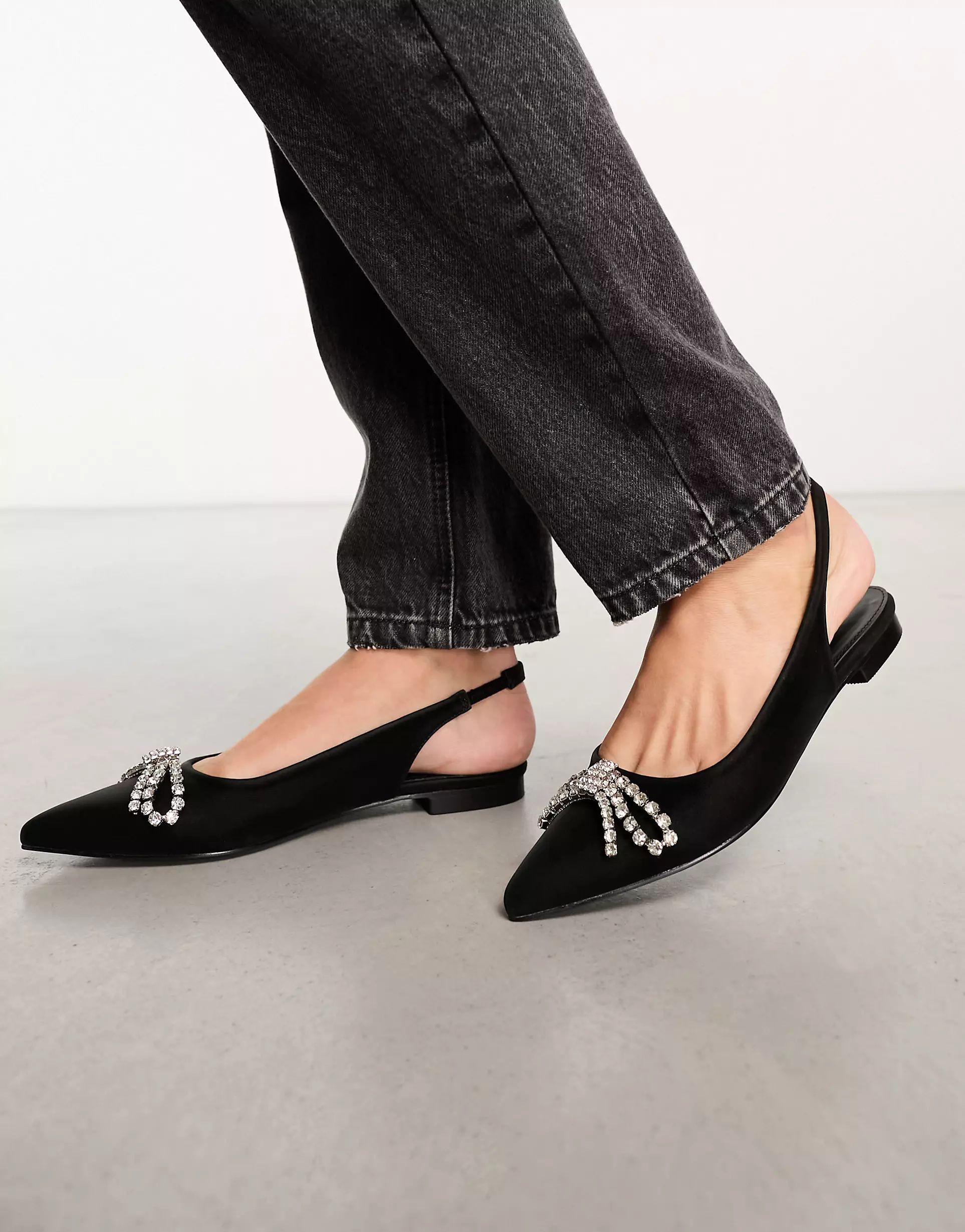 Glamorous Wide Fit slingback embellished bow pointed toe flats in black | ASOS (Global)