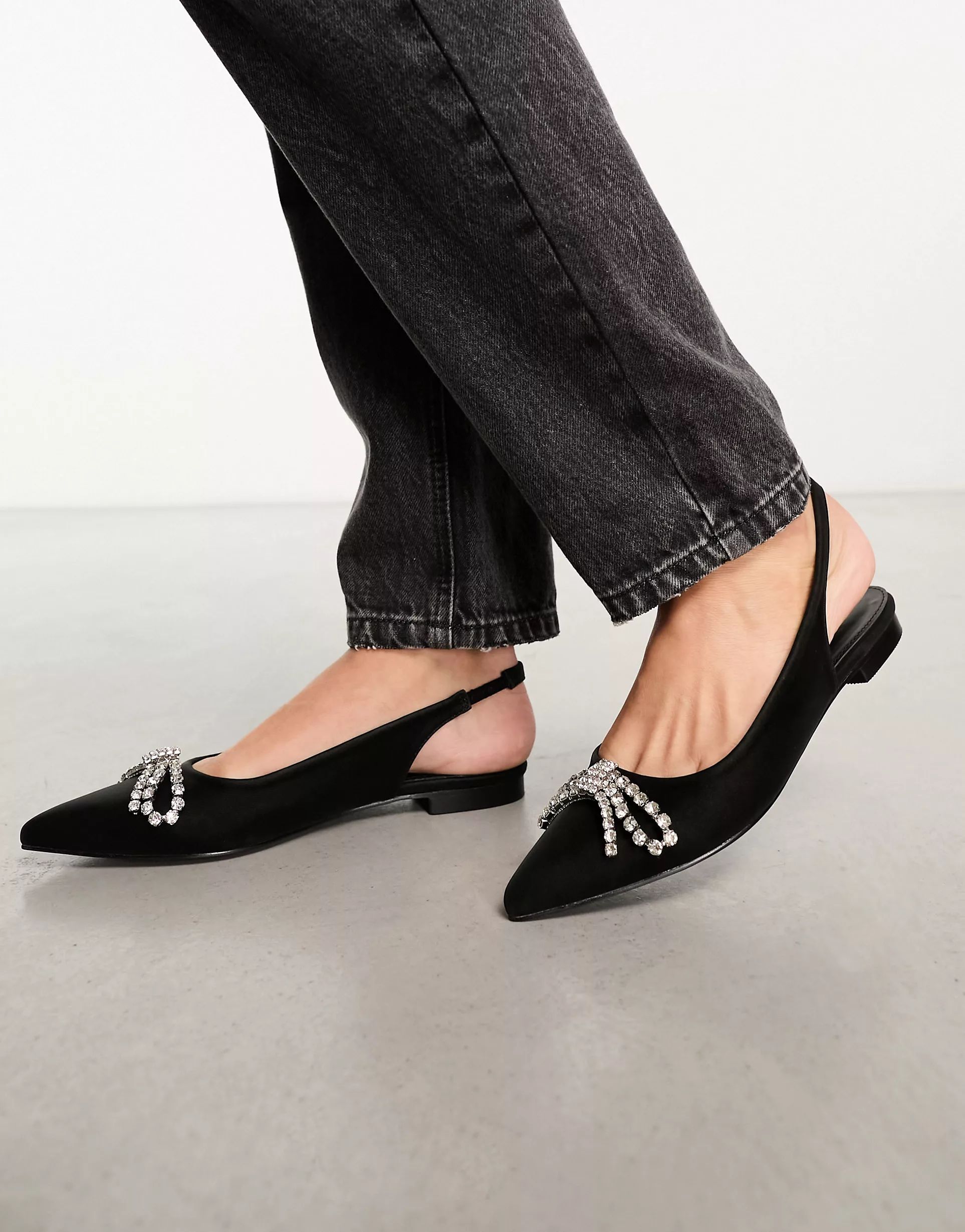 Glamorous Wide Fit slingback embellished bow pointed toe flats in black | ASOS (Global)