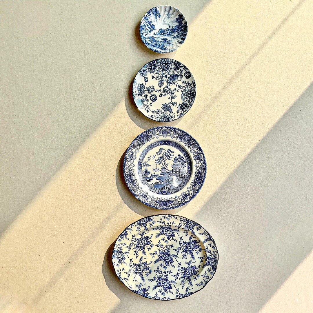 Vintage Plates Wall Decor Collection, Mismatched Plates, Transferware Blue and White Gallery Wall... | Etsy (US)