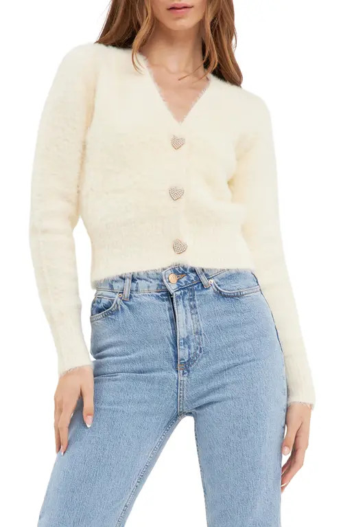 English Factory Pearly Heart Button Sweater in Cream at Nordstrom, Size Small | Nordstrom
