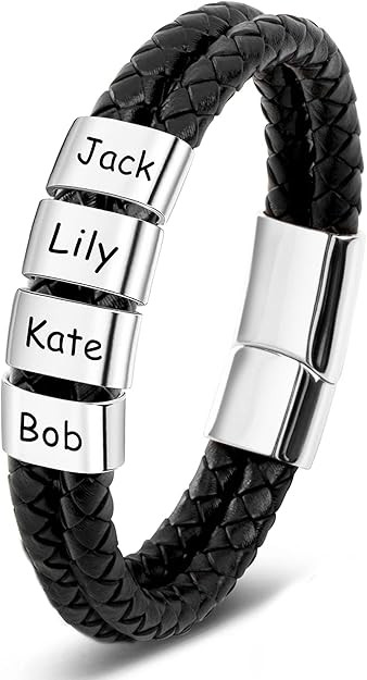 Custom Mens Bracelet with Famliy Name Adjustable Braided Leather Bracelets Personalized Fathers D... | Amazon (US)