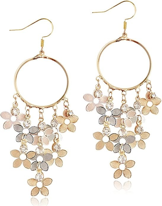 ANDPAI Bohemian Long Colorful Chandelier Tassel Flower Dangle Drop Hoop Earrings for Women | Amazon (US)