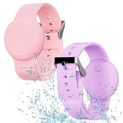 Waterproof Bracelet Compatible with Airtag (1st & 2nd Gen) for Kid, 2 Pack Soft Silicone Hidden Wristband, Lightweight Tracker Watch Band Compatible with Apple Air Tag for Child, Purple & Pink | Amazon (US)