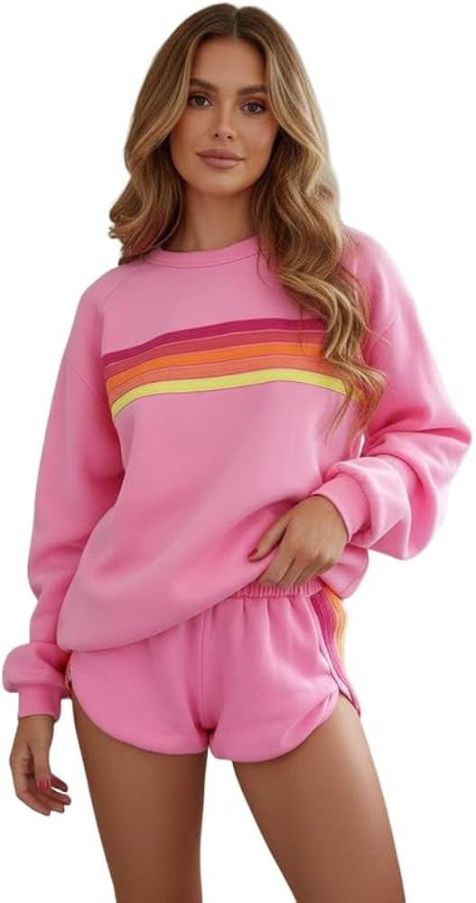 2 Piece Lounge Sets for Women Spring Rainbow Striped Long Sleeve Casual Sweatshirt Shorts Matchin... | Amazon (US)