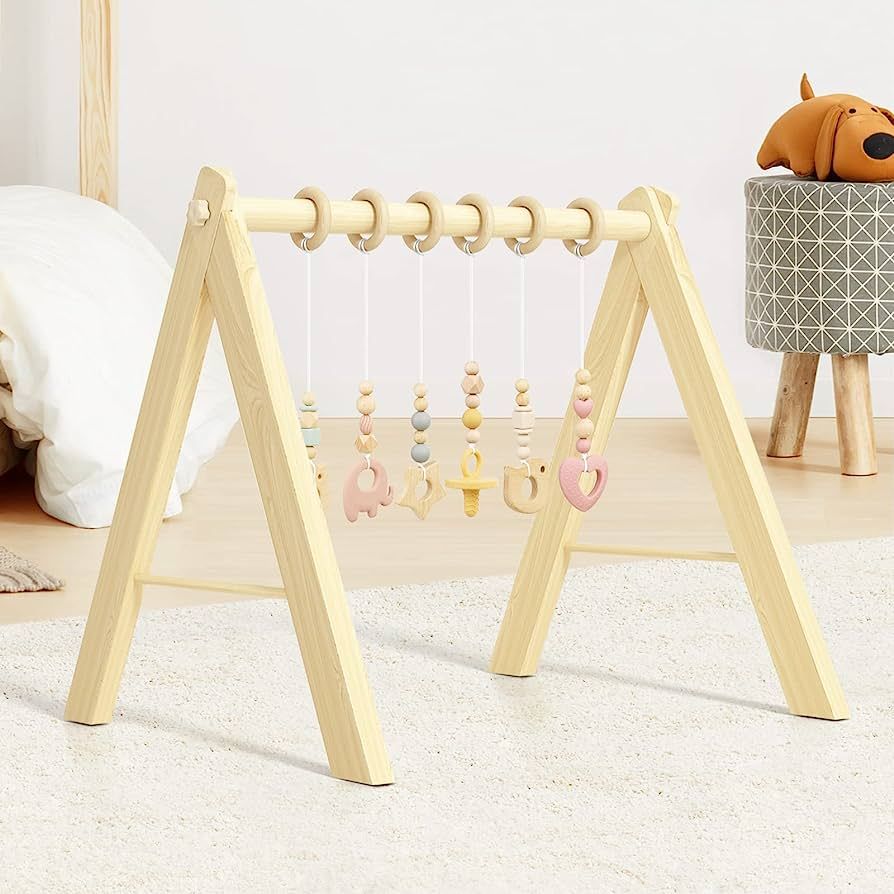 BESFAN Wooden Play Gym with 6 Baby Gym Toys, Activity Gym with Hanging Bar for Tummy Time Play Ma... | Amazon (US)
