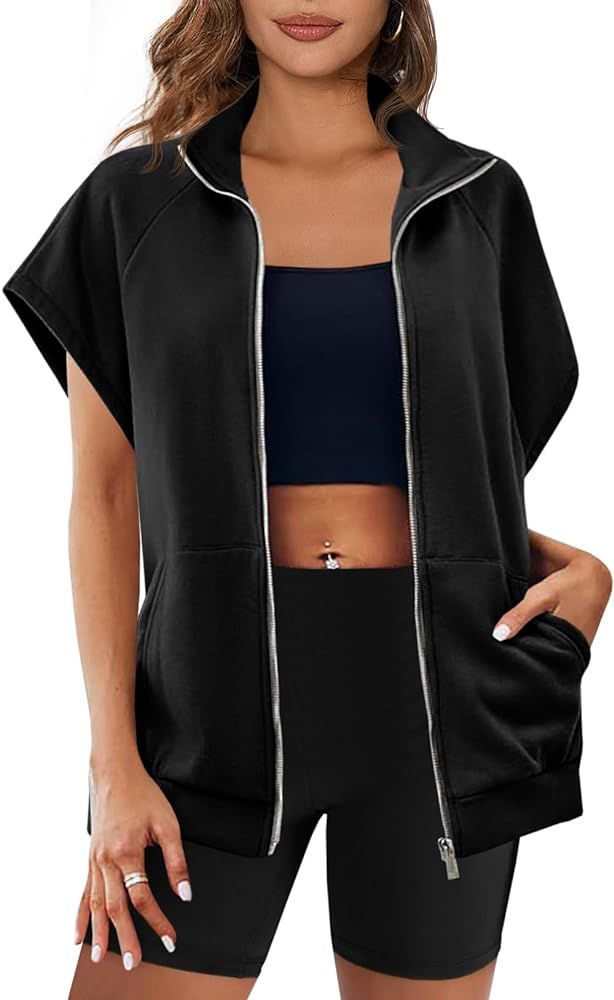 Fisoew Womens Zip Up Sweatshirts Sleeveless Oversized Casual Solid Color Sweatshirt with pockets | Amazon (US)