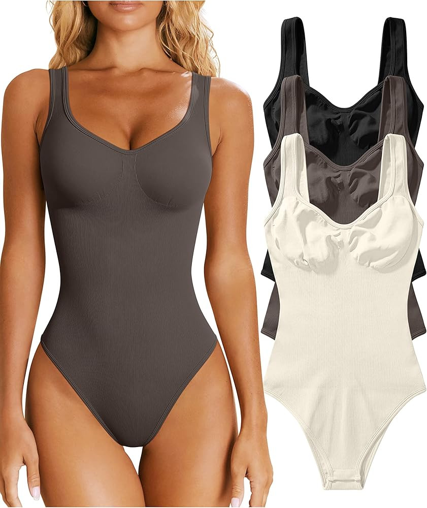 OQQ Women's 3 Piece Bodysuits Sexy Ribbed Sleeveless Shapewear Tank Tops Bodysuits | Amazon (US)